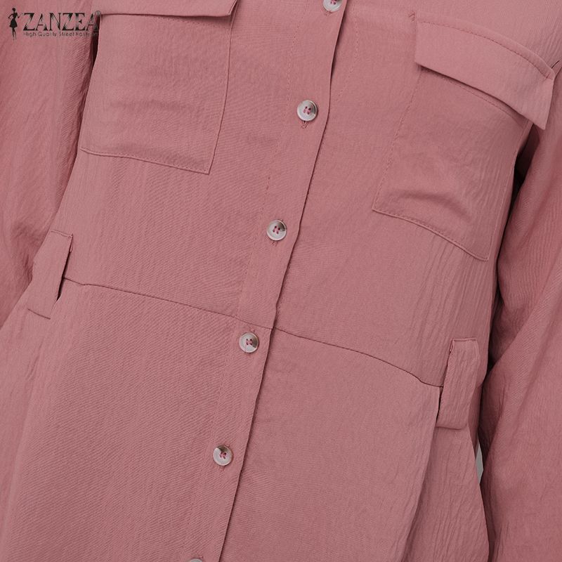ZANZEA Damen Herbst Button-Down Langarm Midi Hemdblusenkleid