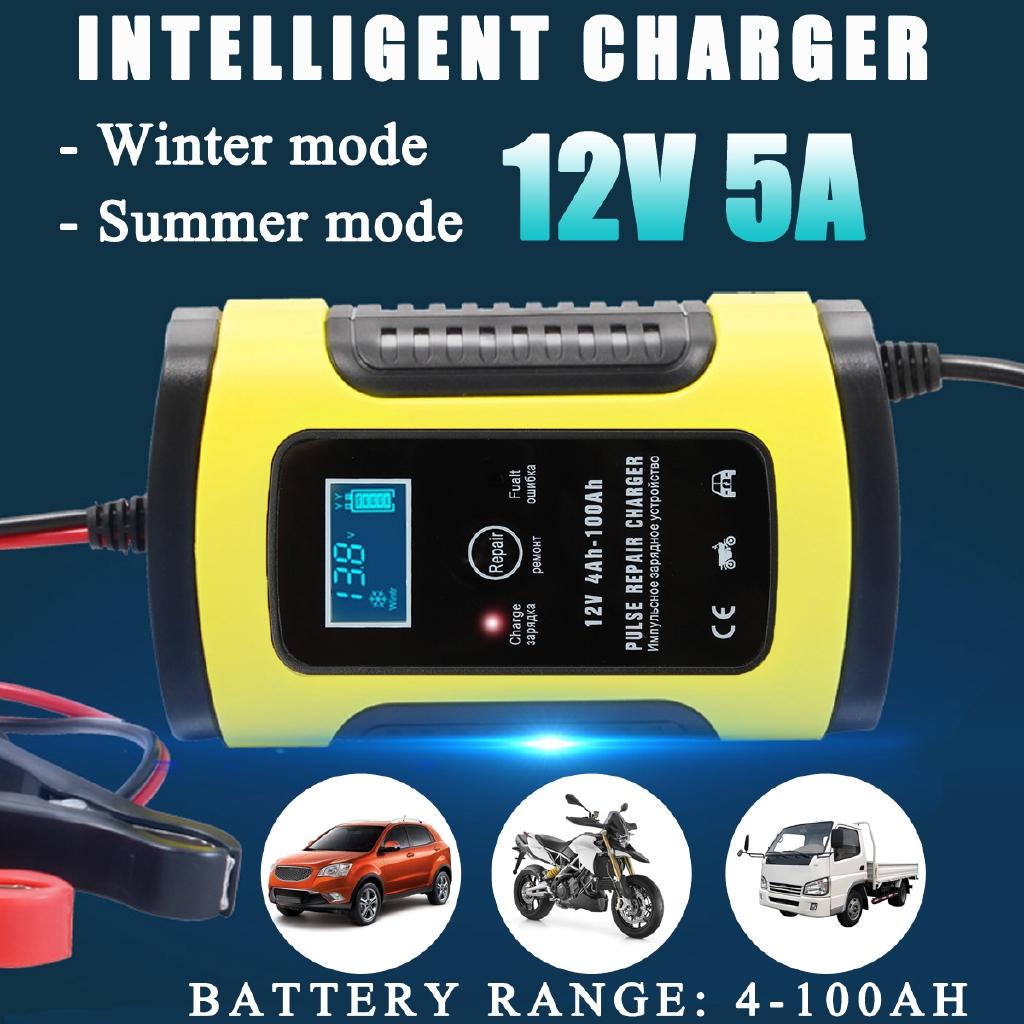 

100-240V AC 5A 12V Auto Car Charger LCD Intelligent 100AH Pulse Repair Type New