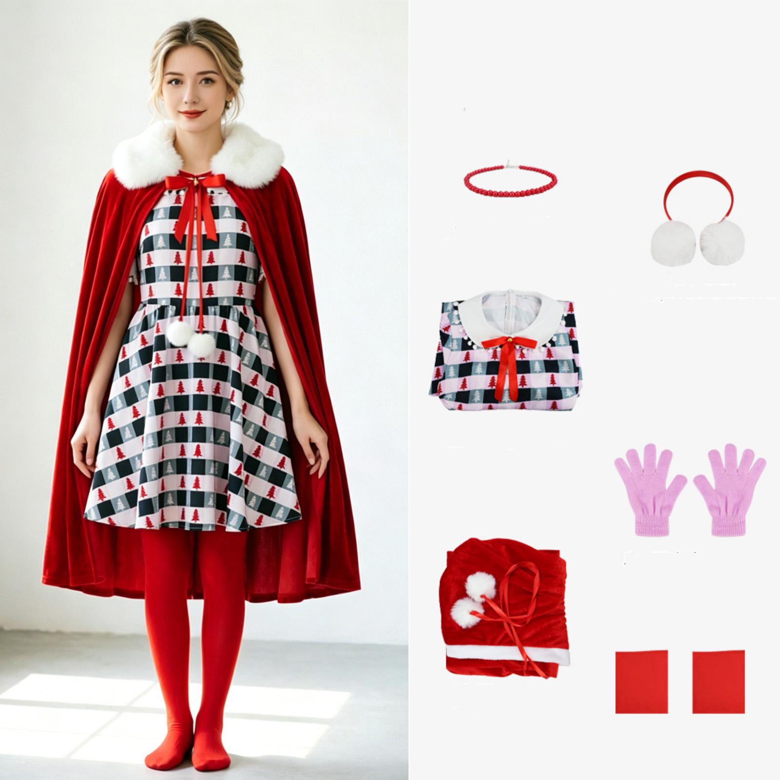 

Girls Stage Performance Costume Cape Dress Set with Faux Fur Collar and Patterned Skirt Suitable for Holiday Events and Themed Parties L красный