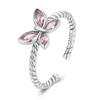 WOSTU 925 Sterling Silver Love Pink Buttefly Open Rings For Women Shiny Clear CZ Adjustable Ring Family Birthday Party Jewelry