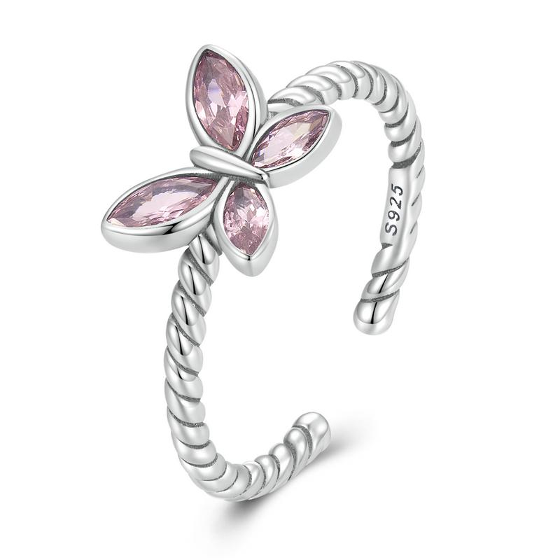 WOSTU 925 Sterling Silver Love Pink Buttefly Open Rings For Women Shiny Clear CZ Adjustable Ring Family Birthday Party Jewelry