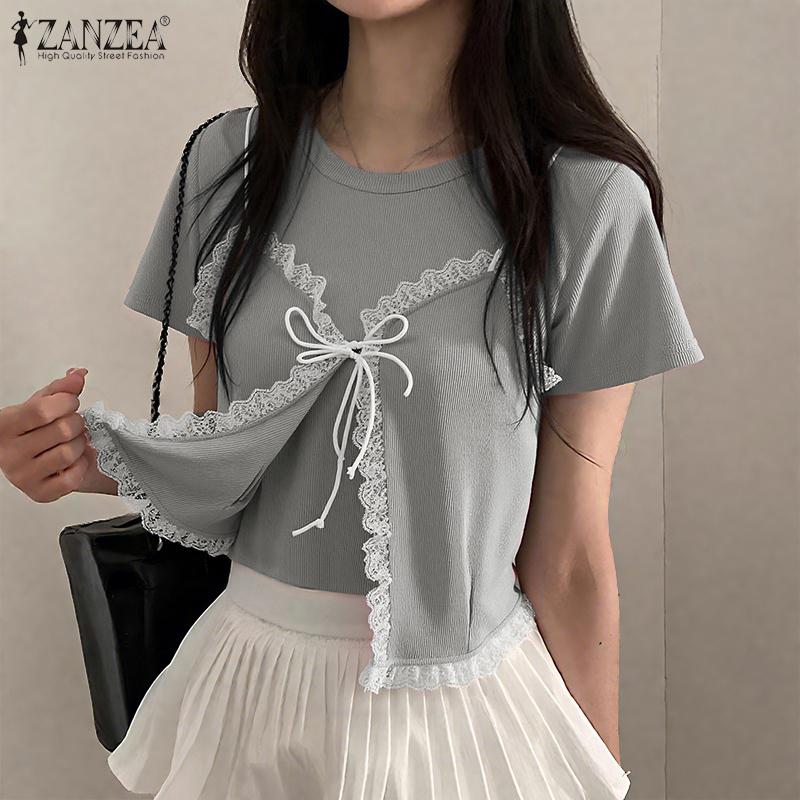 ZANZEA Women Casual Round Neck Short Sleeve Lace Splice Fake Two Piece Splice T-Shirts