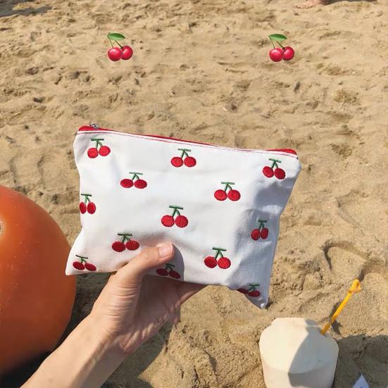 Organizzatore per Rossetti Ricamo Ciliegie Lavorazione Raffinata Tela Cerniera Stampa Borsa Cosmetica per Trucco per le Vacanze