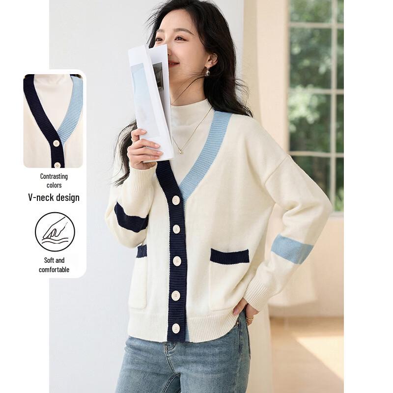 Women s Striped V-Neck Color-Block Knitted Cardigan M