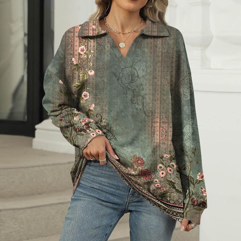 Women's Summer Fashion Casual  Printed V-Neck Long Sleeve Shirt Top
