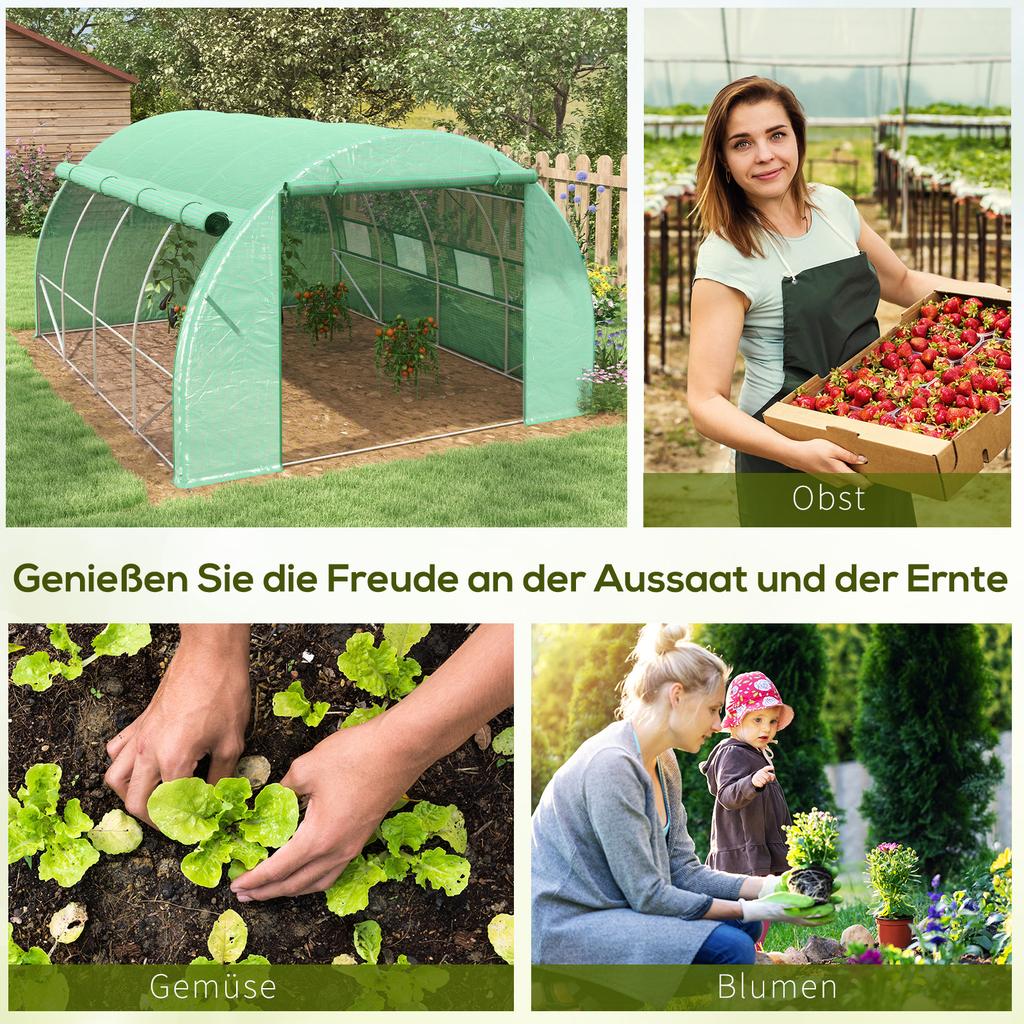 Polytunnel Greenhouse Walk-in Grow House Tent with Roll-up Sidewalls, Zipped Door and 8 Windows, 4x3x2m Green