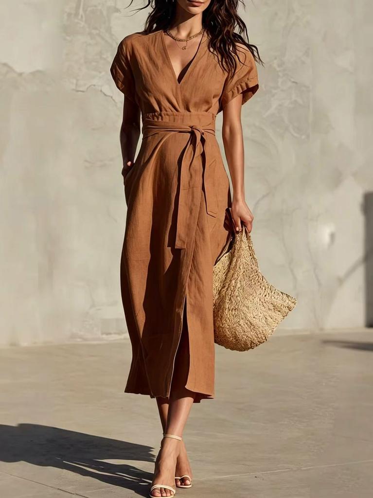 2026 New European and American Cross-border Independent Station Foreign Trade, Casual Simple Solid Color Lace-up V-neck Pocket Medium and Long Dress