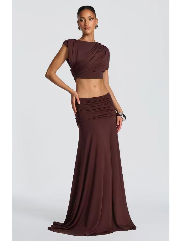 

Womens Off Shoulder Crop Top and High Waist Draped Long Skirt Set Multiple Colors XL темно-коричневого кольору
