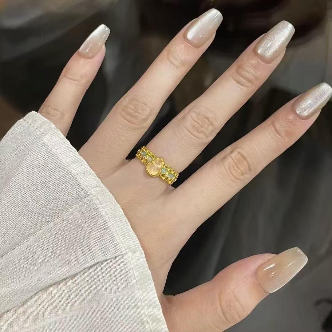 Elegant Chinese Gourd Ring for Women: Dripped Glaze, Floral Lace Design, Luxury Style Adjustable Opening