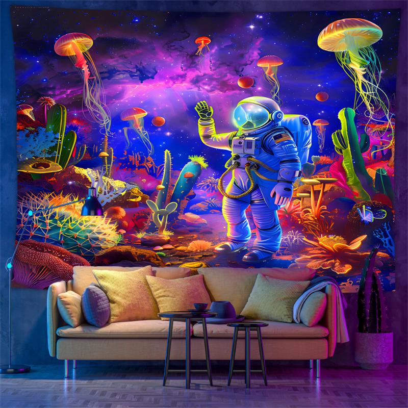 Blacklight Jellyfish Astronaut Tapestry UV Reactive Psychedelic Wall Hanging Trippy Bedroom Dorm Decor 100X70CM