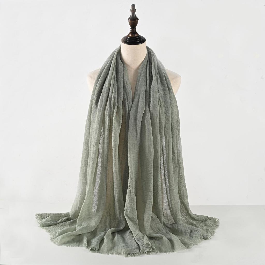 Crinkled Cotton-Linen Blend Scarf with Fringe - Solid Color, 90x180cm, Women's Headscarf