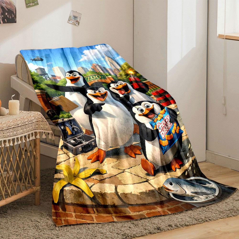 Animated penguins with tools and snacks in front of a zoo and city skyline. for all seasons blanket lunch break throw gift