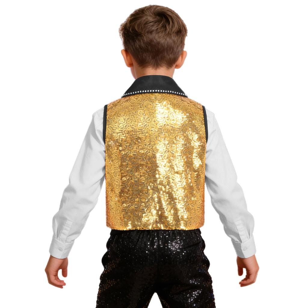 Boys Girls Sparkly Sequin Vest Contrast Lapel Collar Sleeveless Asymmetrical Waistcoat for Stage Performance Costume Tops