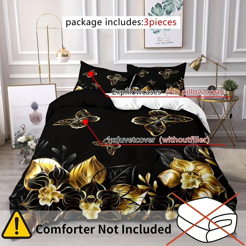 3pcs Black And Golden Flowers Butterfly Floral Digital Print Quilt Cover Set, Breathable Polyester 100% Zipper Closure