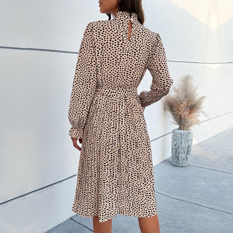 Autumn and winter women's clothing polka dot printing lace-up lotus leaf sleeve pleated dress women