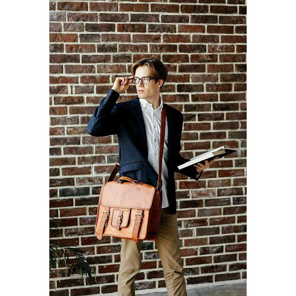 Large Real Goat Leather Vintage Brown Messenger Shoulder Laptop Bag Briefcase