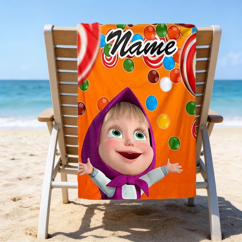 1pc Masha and the Bear4 Beach Towel with Custom Name, Beach/Swimming/Bath/Picnic/Camping Towel, Suitable for Seaside Beaches