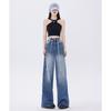 Women's High Waist Drawstring Wide Leg Jeans Vintage Blue Loose Baggy Denim Trousers Casual Oversized Pants XS‑2XL