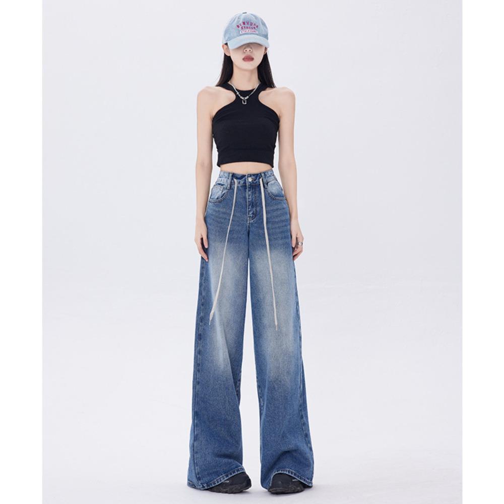 Women's High Waist Drawstring Wide Leg Jeans Vintage Blue Loose Baggy Denim Trousers Casual Oversized Pants XS‑2XL