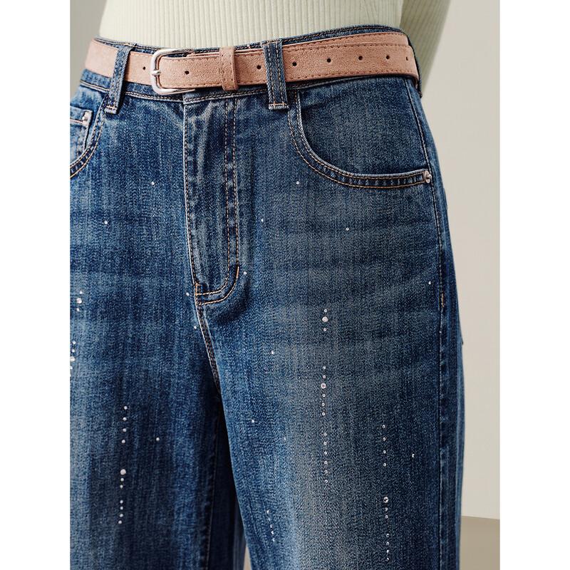 JZ-AnnaCoe Elastic Meteor Hot Drill Wide-Leg Jeans for Women