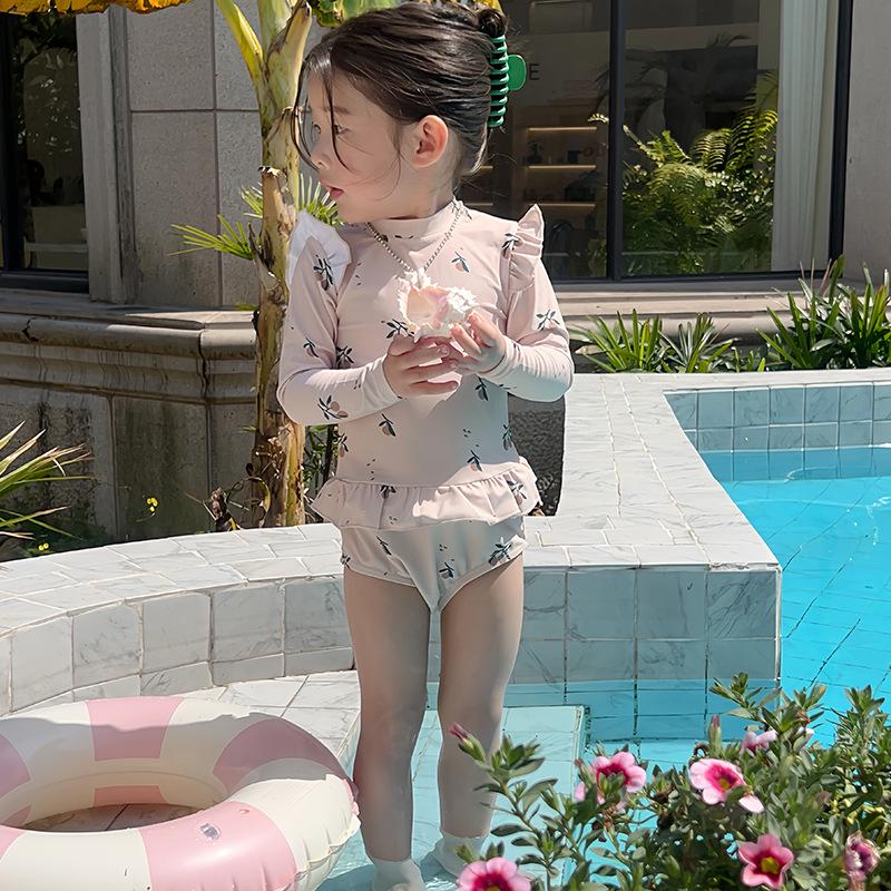 Girls' Cherry Blossom Lace Long Sleeve Swimsuit - Summer Princess Design