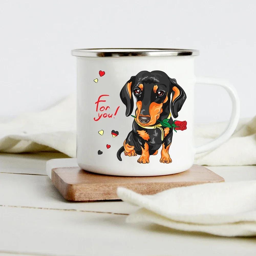 Lustiger Dackel-Druck Kreative Emaille-Tasse Kaffee-Weintassen Cartoon-Hunde Pfote Party-Getränk Bier Saft Milch Tassen Geschenke für Liebhaber Hund