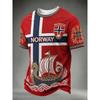 Retro Norwegen Patriotisches T-Shirt Keltischer Knoten 3D-Druck Nordische Rune Wikingerschiff Norge Fußballwappen Herren Damen Freizeit Fan Kurzarm Oberteil