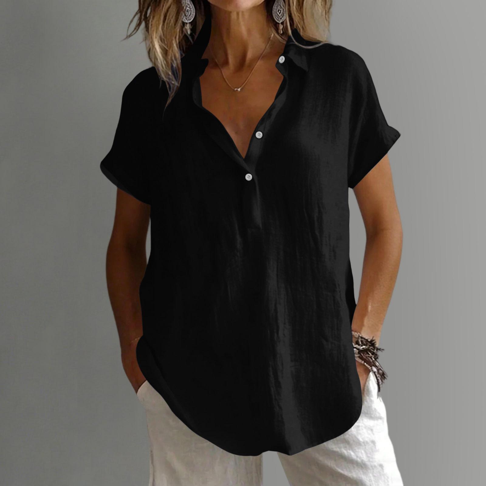 Women s Loose-Fit -Color Cotton-Linen Shirt: Casual Short-Sleeve Top L