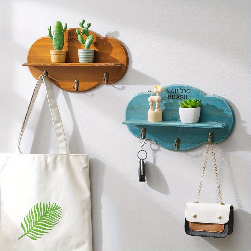 2pcs Rustic Wooden Cloud Wall Shelf with Hooks, Floating Shelf for Succulents, Keys, Hats, Bags , Home Decor Storage Hanging Cabinet