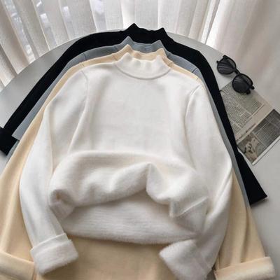 Autumn and Winter New Semi-turtleneck Fleece Sweater Bottoming Shirt Women's Integrated Fleece Thickened, Warm and Slim, Knitted Inside