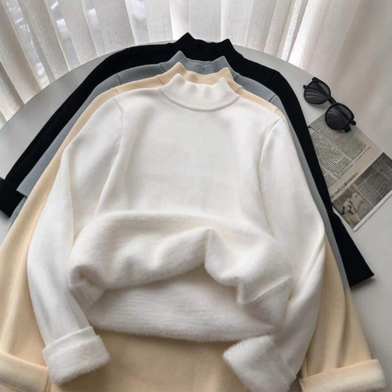 Autumn and Winter New Semi-turtleneck Fleece Sweater Bottoming Shirt Women's Integrated Fleece Thickened, Warm and Slim, Knitted Inside