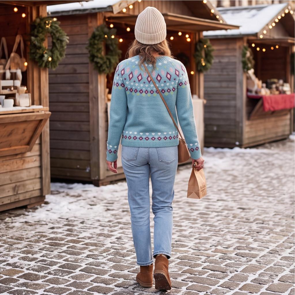 Women's Round Neck Geometric Color Block Loose Fit Pullover Sweater