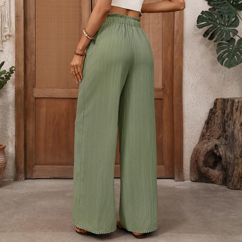 Women High Waist Ruffle Drawstring Pom Pom Trim Loose Textured Wide Leg Vacation Casual Long Pants