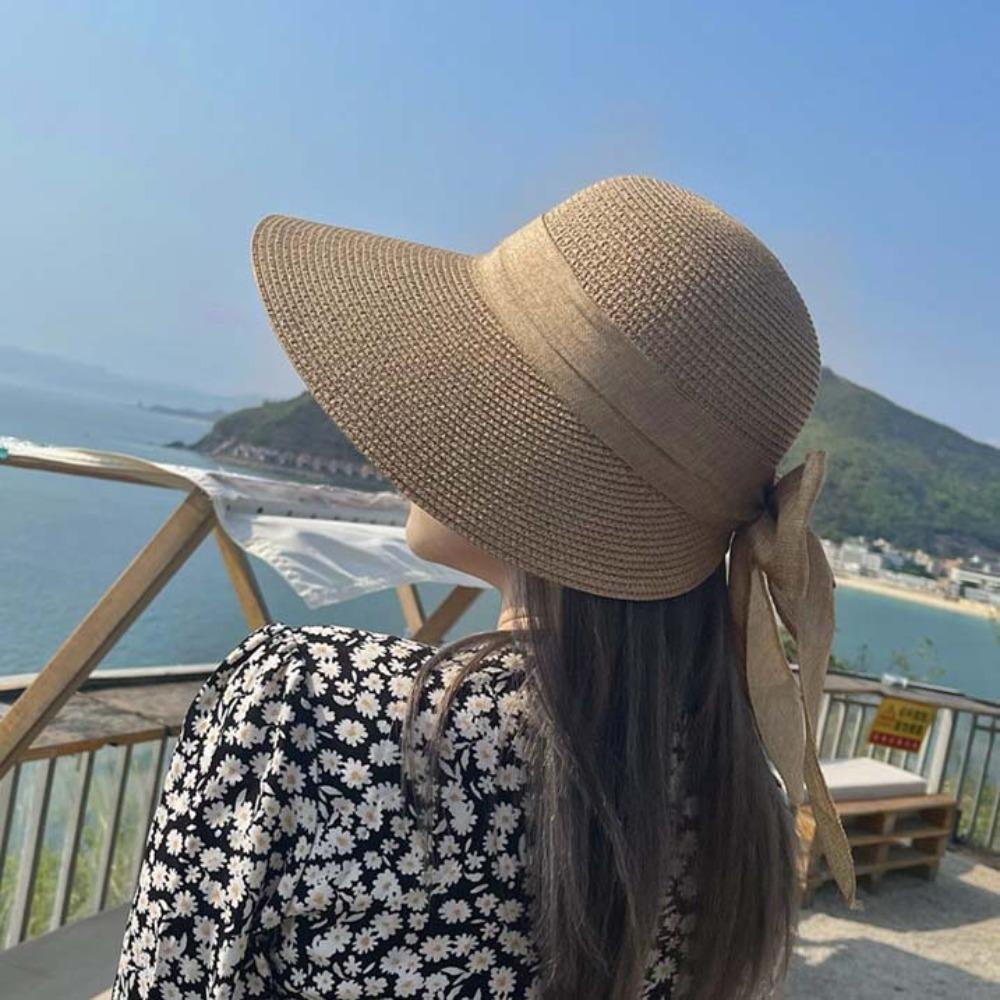 Breathable Straw Weaving Beach Hat Hollow Out Foldable Bucket Hat Big Brimmed Woven Cap  Seaside
