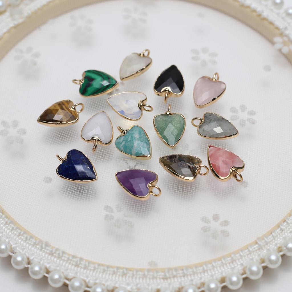 3Pcs, Trending Heart Crystal Pendant with Golden Edging, Faceted Natural Stone Amethyst Agate Opal Gems Charms for Jewelry Making DIY Crafts 13×19mm