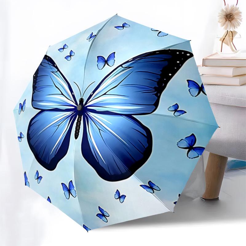 Blue Butterfly Auto Open Close Umbrella - Portable Folding Design with Iron Frame - Gift for Fans, Travelers, Daily Use1121086a