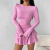 Elegantes Langarm Figurbetontes A-Linien-Stufenkleid mit Rüschen Neu Einfarbig Sexy Freizeit Party Abendkleider Damenmode Frühling Sommer Kleidung