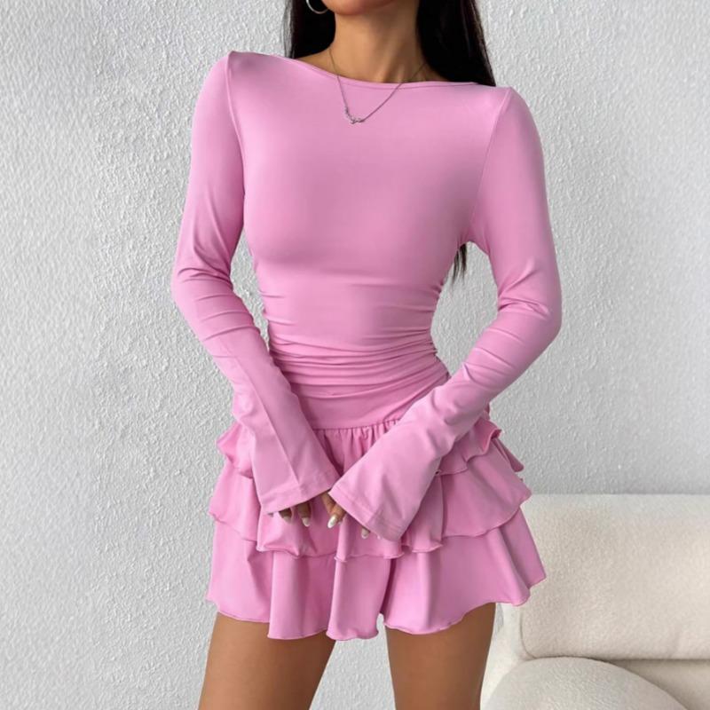 Elegantes Langarm Figurbetontes A-Linien-Stufenkleid mit Rüschen Neu Einfarbig Sexy Freizeit Party Abendkleider Damenmode Frühling Sommer Kleidung
