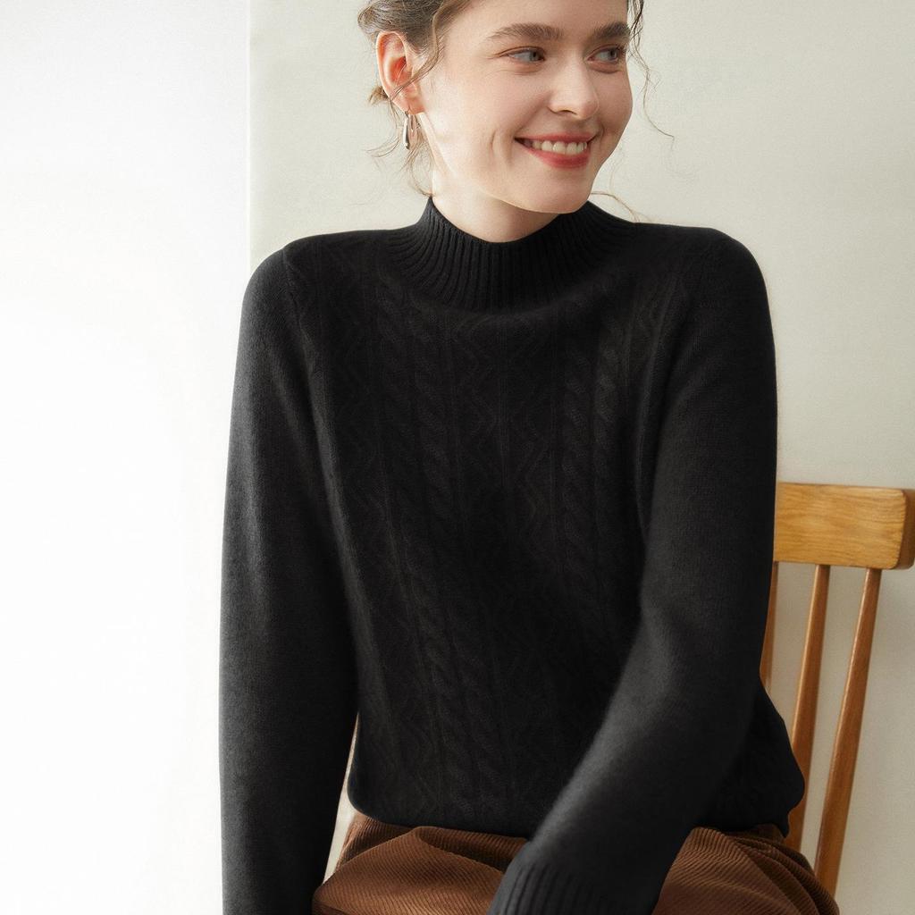 Women's Cashmere Half-High Neck Sweater, Autumn/Winter 2025, Seven-Needle Cable Knit, Loose Fit, Versatile Pullover.