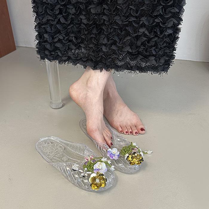 Beach jelly shoes fairy wind hollow flat crystal princess shoes soft sole one pedal fashion sandals flower rain shoes