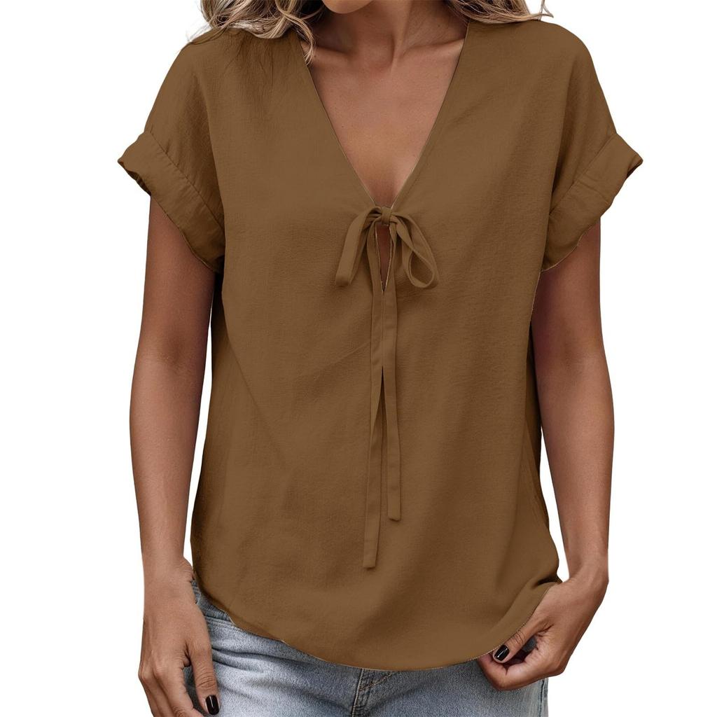 Women's Fashion Casual -Colour V-Neck Tie-Front Short-Sleeved T-Shirt Top
