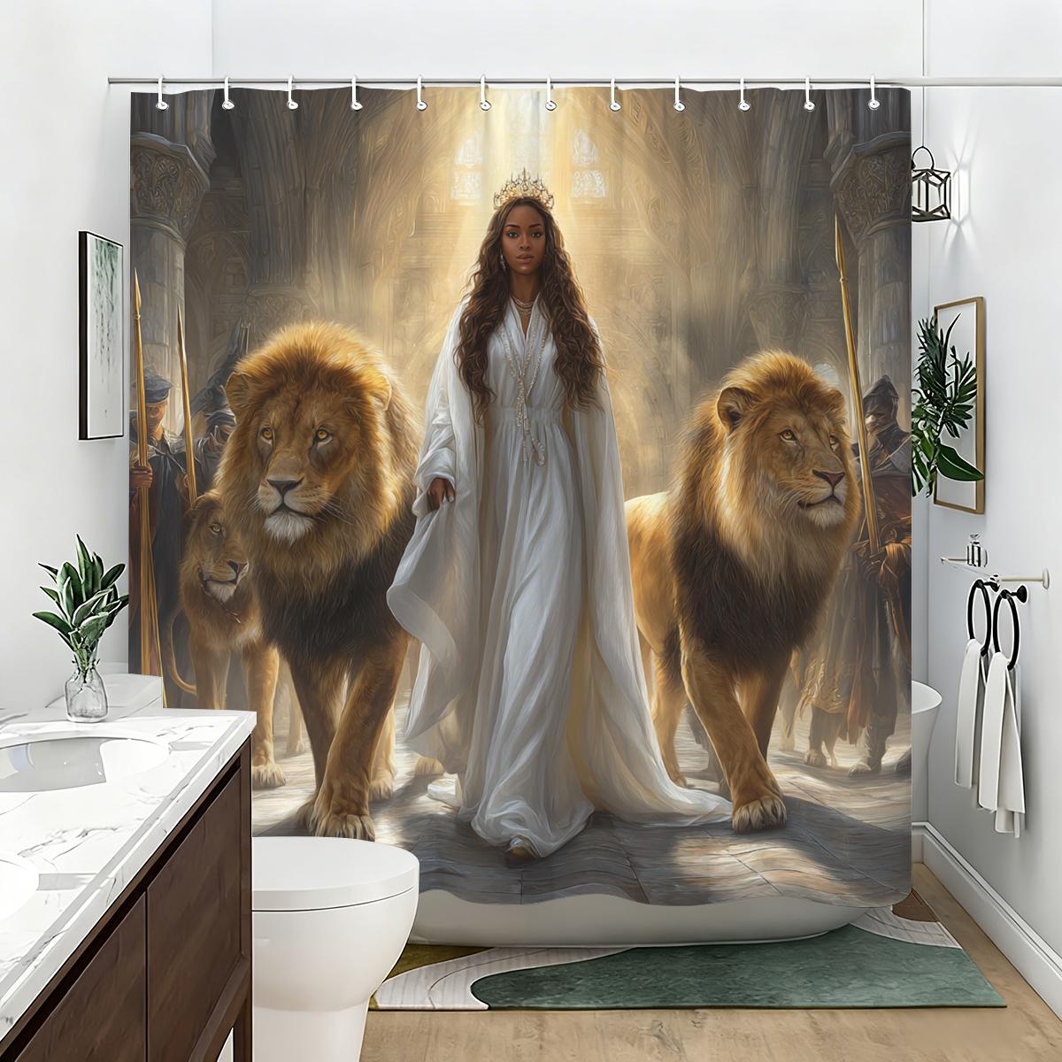 

African Royal & Lion Themed Polyester Shower Curtain - Artistic Bathroom Decor, Stylistic Bathtub Partition Curtain W60H190(CM)-1 Pcs