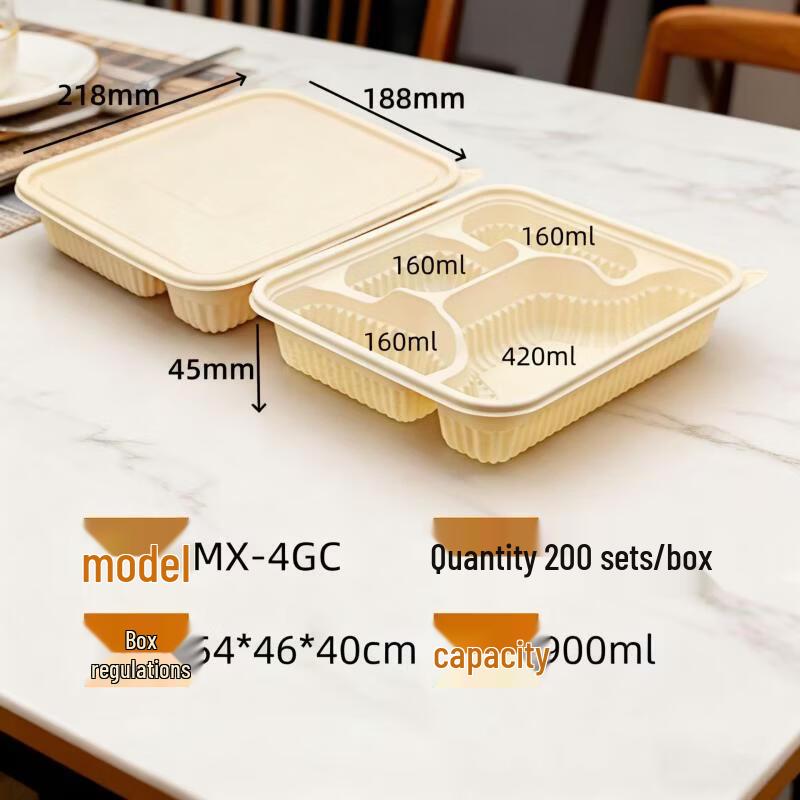 Handun 900ml 4-Compartment Disposable Corn Starch Takeaway Lunch Box
