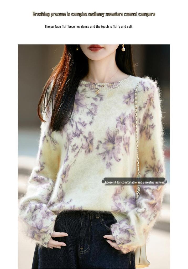 Autumn/Winter 2026 Women's Printed Knit Wool Sweater - Seamless, Plush, Loose Fit, Long Sleeve Top.