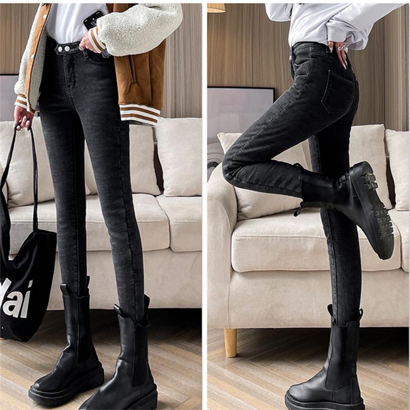 Autumn Winter Fashion Women Vintage Harajuku Jeans Fleece High Waist Casual Thicken Warm Elasticity Slim Skinny Jeans Streetwear