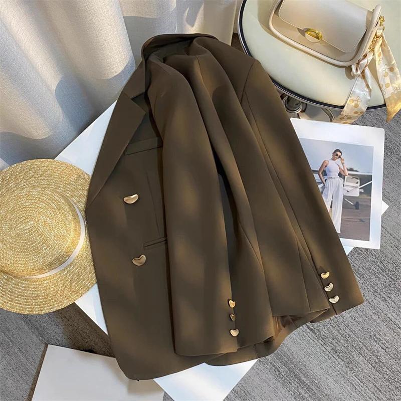 

Ladies Love Двубортные блейзеры Осенние однотонные модные пальто в британском стиле Яркие линии Украшенные облегающие топы 2XL темно-коричневого