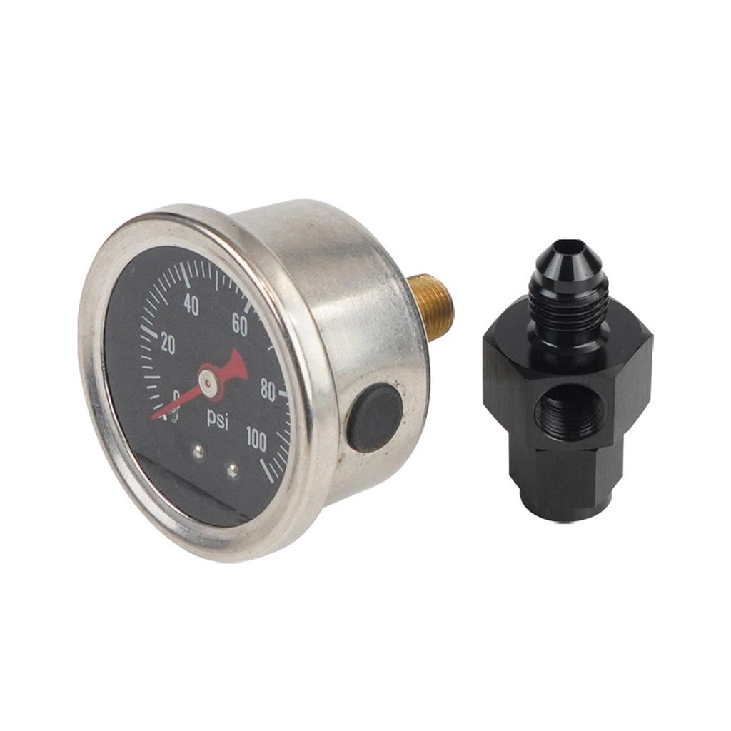 Fuel Pressure Gauge with 4AN Fuel Pressure Take Off Fitting, 0-100Psi, 1-1/2" Black Dial, 1/8"NPT Center Back Mount