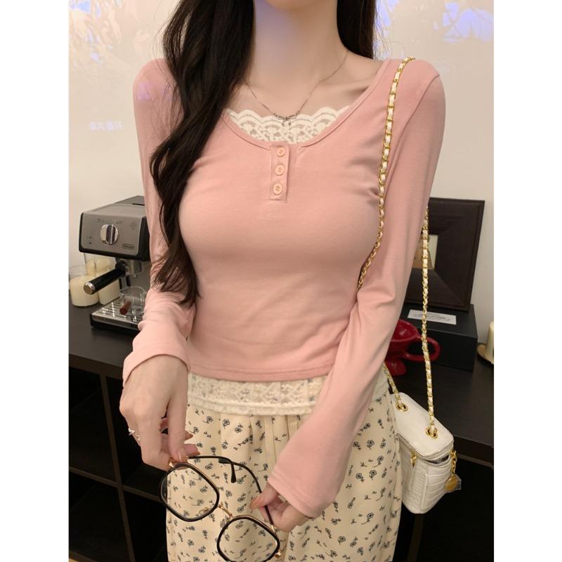 Real shot lace long-sleeved T-shirt slim fit Spice girl short fake two-piece top