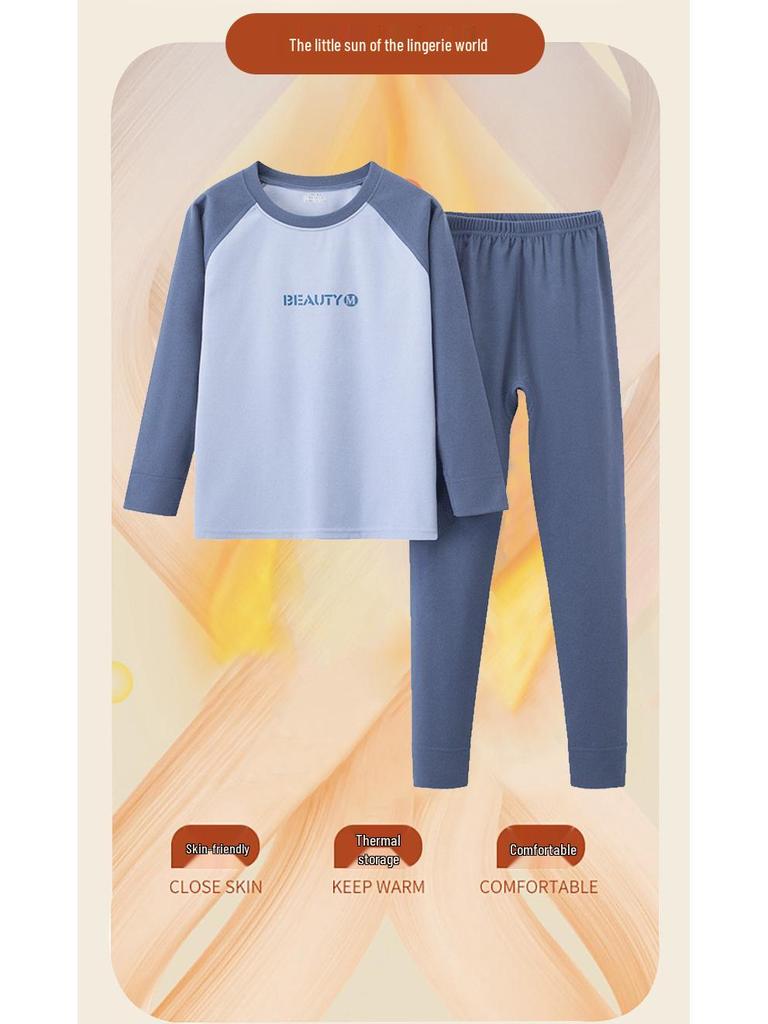 Kids' Raglan Color Block Long Sleeve Pajama Set - Autumn/Winter Warm Underwear for Boys & Girls