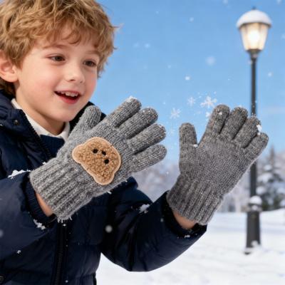Kinder Strickhandschuhe Dehnbare Vollfingerhandschuhe Stickerei Bär Warme Winterhandschuhe für Jungen Mädchen 3 bis 7 Jahre alt Radfahren Sport